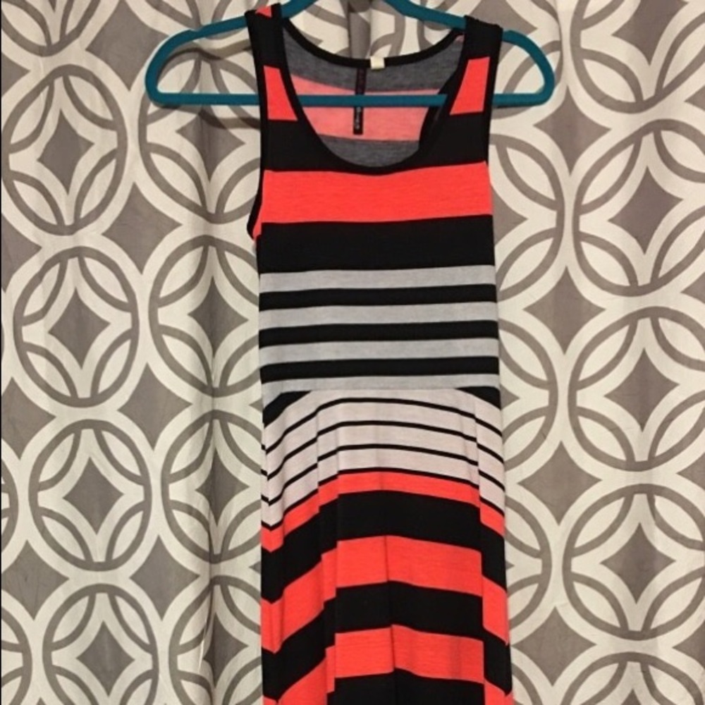 Coral white and light gray stripped high low dress